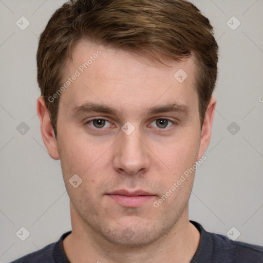 Neutral white young-adult male with short  brown hair and grey eyes