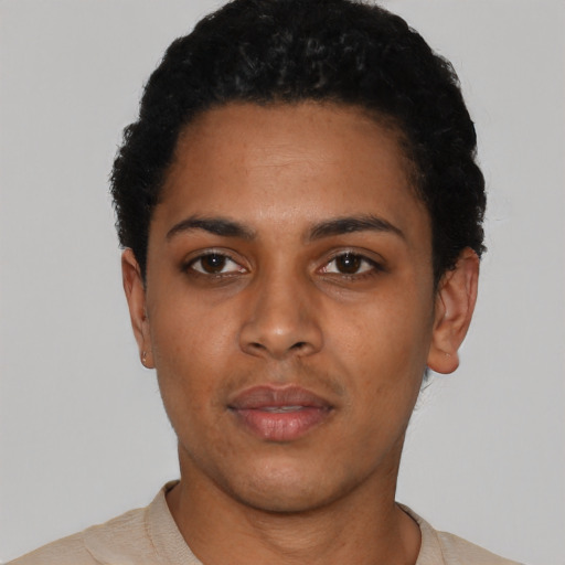 Neutral latino young-adult female with short  black hair and brown eyes