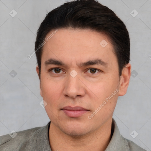 Neutral white adult male with short  black hair and brown eyes