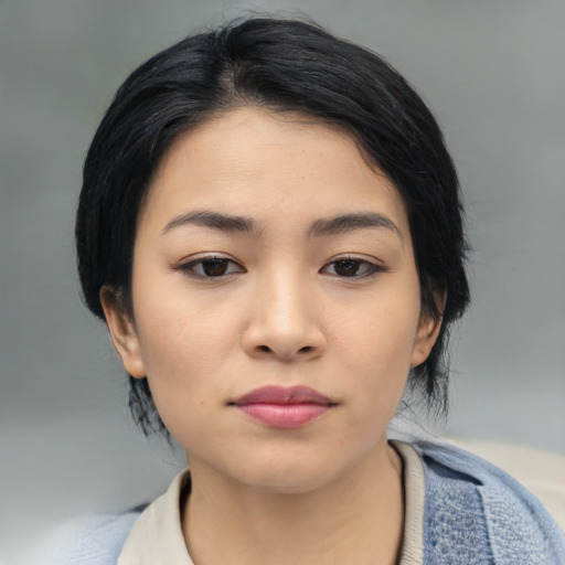 Neutral asian young-adult female with medium  black hair and brown eyes