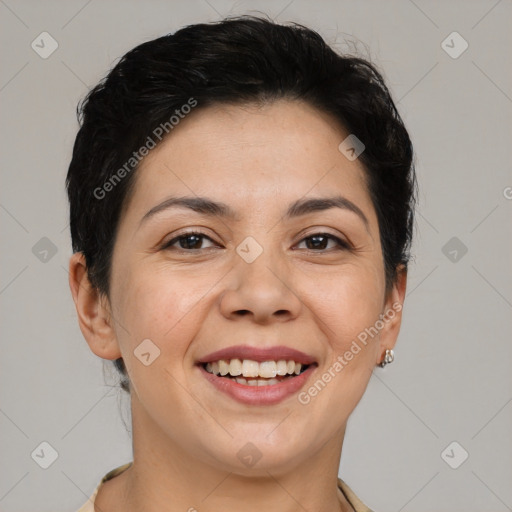 Joyful white adult female with short  brown hair and brown eyes