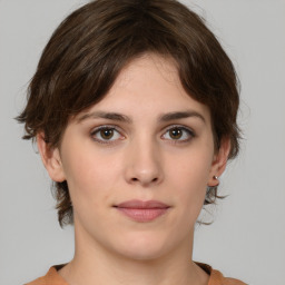 Neutral white young-adult female with medium  brown hair and brown eyes