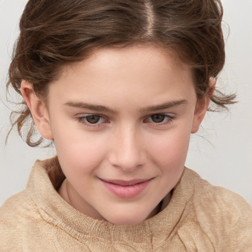 Joyful white child female with short  brown hair and brown eyes