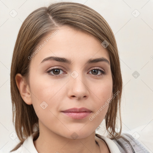 Neutral white young-adult female with medium  brown hair and brown eyes