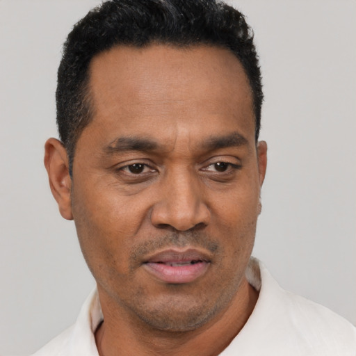 Neutral latino adult male with short  black hair and brown eyes