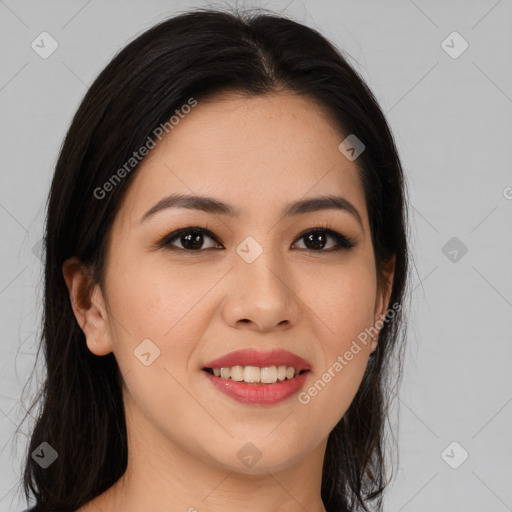 Joyful latino young-adult female with long  brown hair and brown eyes