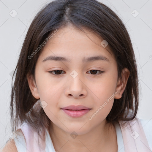 Joyful white child female with medium  brown hair and brown eyes