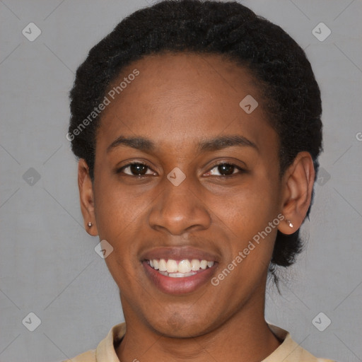 Joyful latino young-adult female with short  black hair and brown eyes