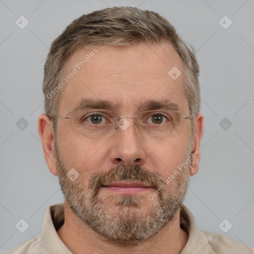 Neutral white adult male with short  brown hair and brown eyes