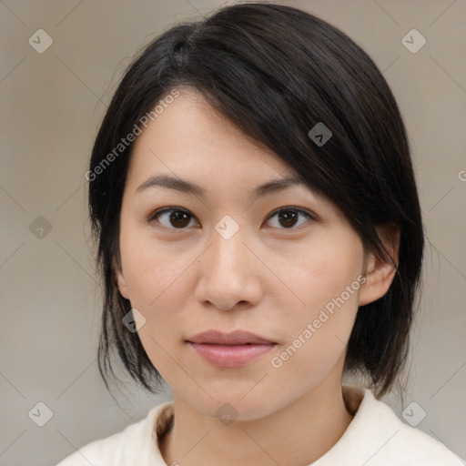 Neutral asian young-adult female with medium  brown hair and brown eyes