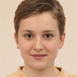 Joyful white child female with short  brown hair and brown eyes