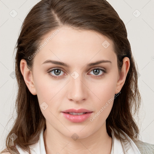 Neutral white young-adult female with medium  brown hair and grey eyes