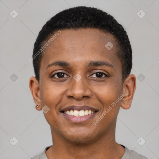 Joyful black young-adult male with short  black hair and brown eyes