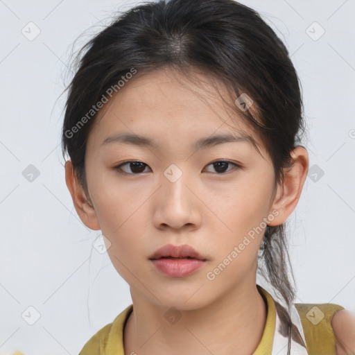 Neutral asian young-adult female with short  brown hair and brown eyes