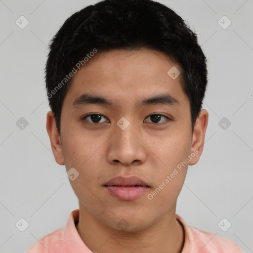 Neutral asian young-adult male with short  black hair and brown eyes