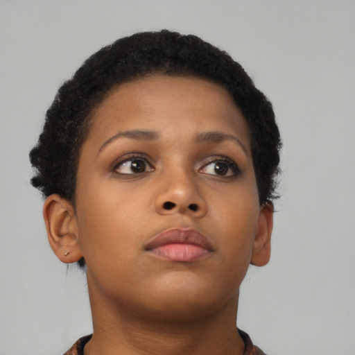 Neutral black young-adult female with short  brown hair and brown eyes