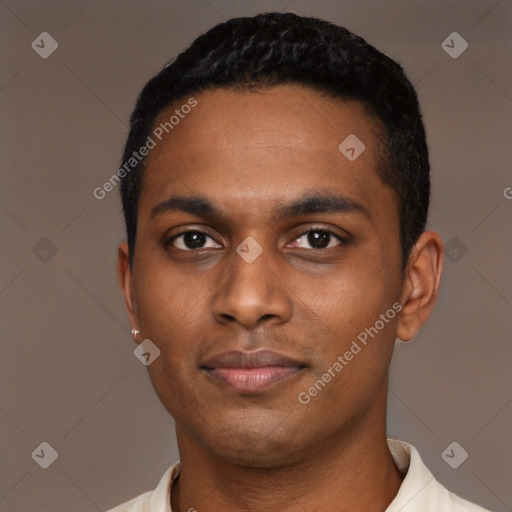 Neutral latino young-adult male with short  black hair and brown eyes