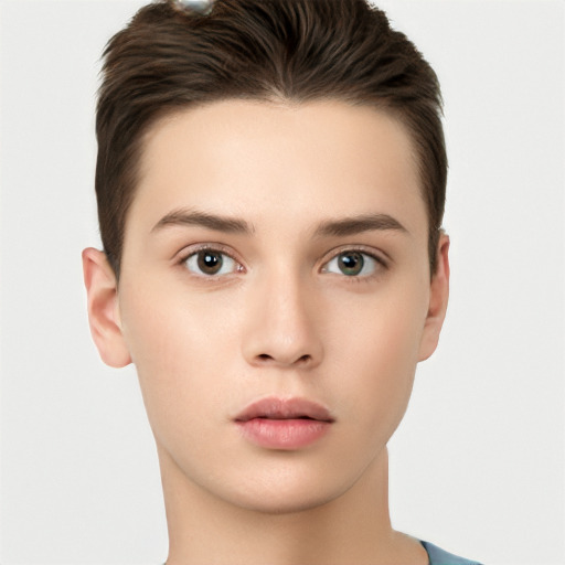 Neutral white young-adult female with short  brown hair and brown eyes