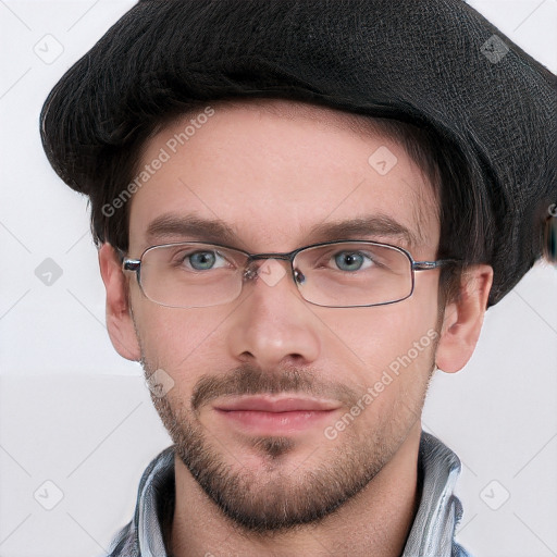 Neutral white young-adult male with short  brown hair and grey eyes