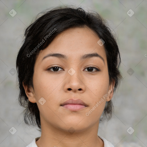 Neutral asian young-adult female with medium  brown hair and brown eyes