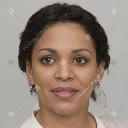 Joyful latino young-adult female with short  brown hair and brown eyes