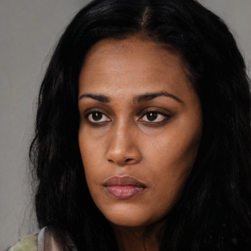Neutral asian young-adult female with long  black hair and brown eyes