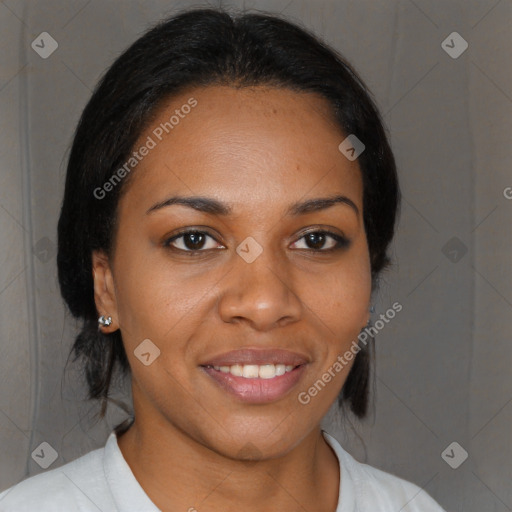 Joyful black young-adult female with medium  brown hair and brown eyes