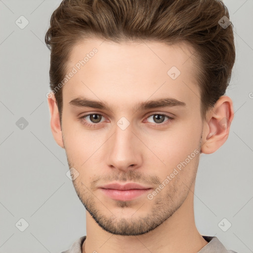 Neutral white young-adult male with short  brown hair and brown eyes