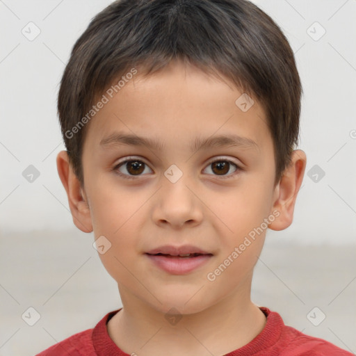 Joyful white child male with short  brown hair and brown eyes