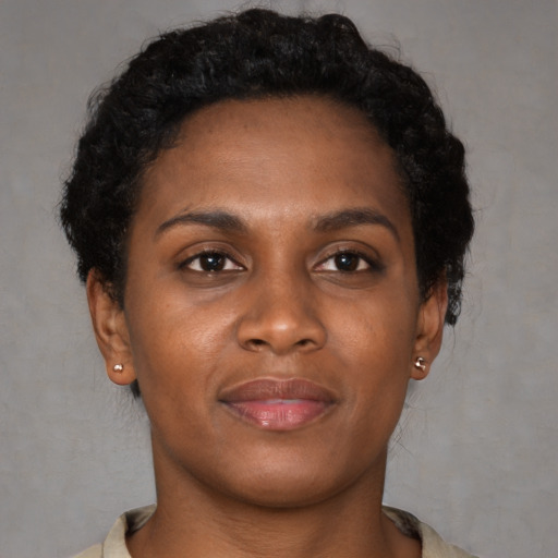 Neutral black young-adult female with short  brown hair and brown eyes