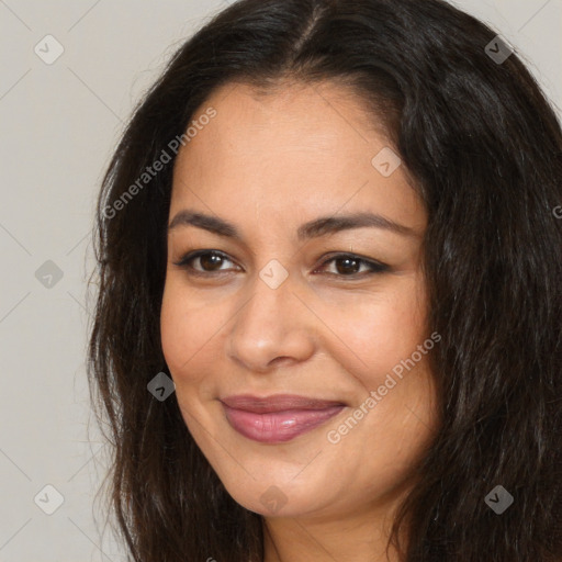 Joyful white adult female with long  brown hair and brown eyes