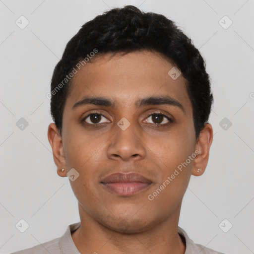Neutral latino young-adult male with short  black hair and brown eyes