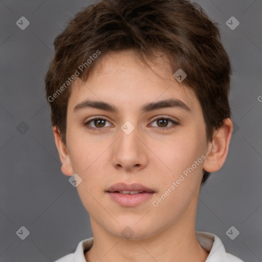 Neutral white young-adult female with short  brown hair and brown eyes