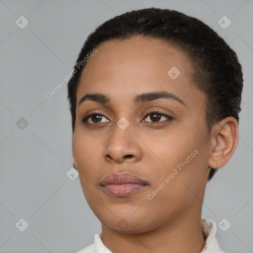 Neutral black young-adult female with short  black hair and brown eyes