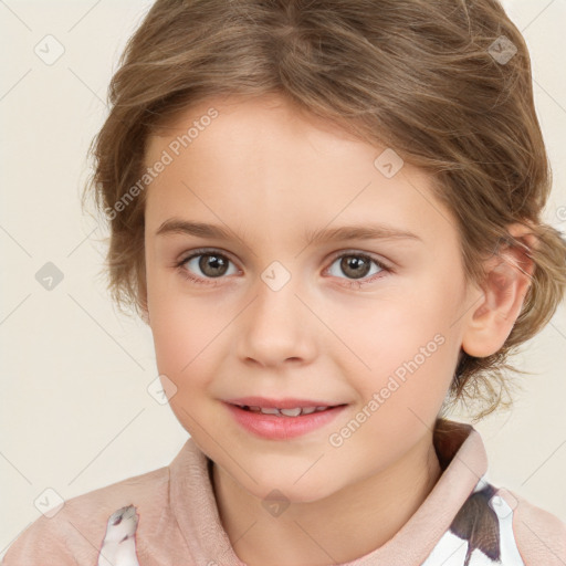 Joyful white child female with medium  brown hair and brown eyes