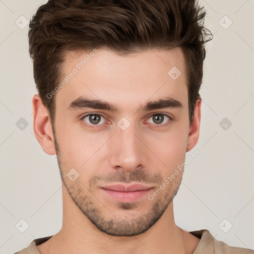 Neutral white young-adult male with short  brown hair and brown eyes