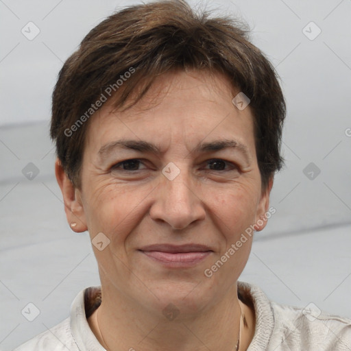 Joyful white adult female with short  brown hair and brown eyes