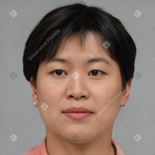 Neutral asian young-adult female with short  brown hair and brown eyes