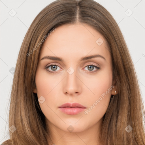 Neutral white young-adult female with long  brown hair and brown eyes