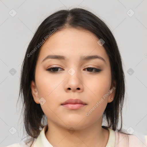 Neutral asian young-adult female with medium  brown hair and brown eyes