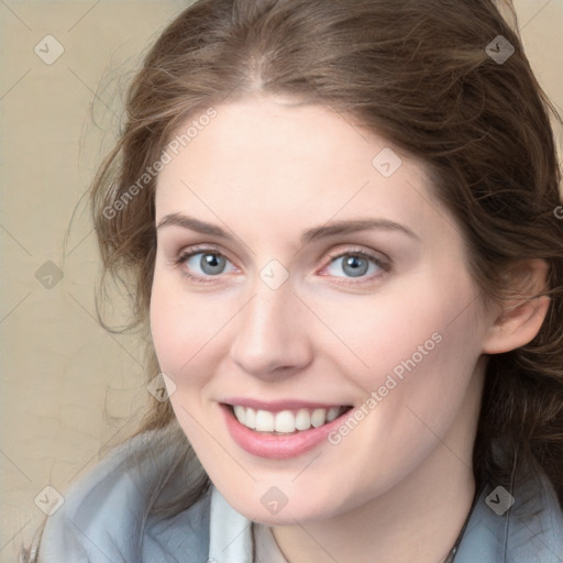 Joyful white young-adult female with medium  brown hair and blue eyes