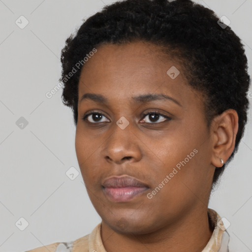 Neutral black young-adult female with short  black hair and brown eyes