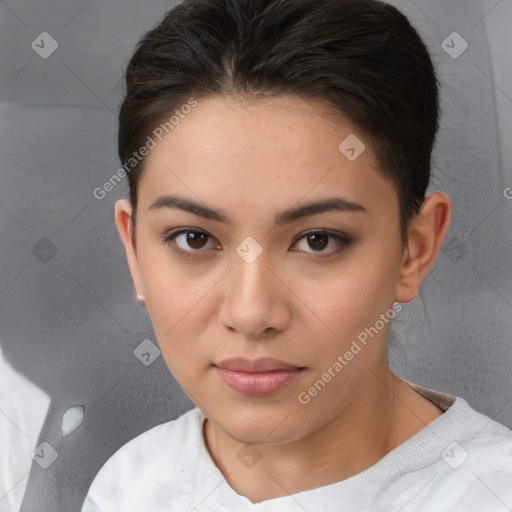 Neutral white young-adult female with short  brown hair and brown eyes