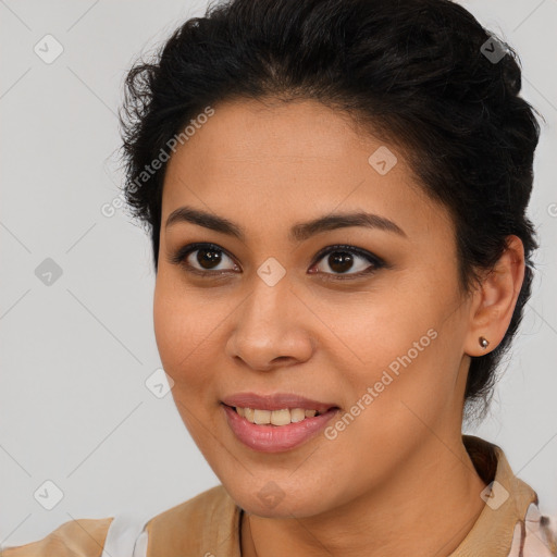 Joyful latino young-adult female with long  brown hair and brown eyes