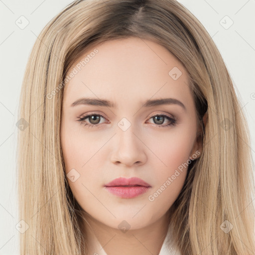 Neutral white young-adult female with long  brown hair and brown eyes