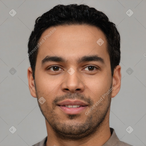 Neutral latino young-adult male with short  black hair and brown eyes