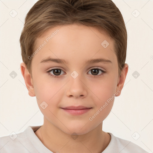 Joyful white child female with short  brown hair and brown eyes