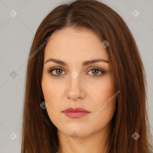 Neutral white young-adult female with long  brown hair and brown eyes