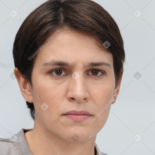 Neutral white young-adult female with short  brown hair and brown eyes