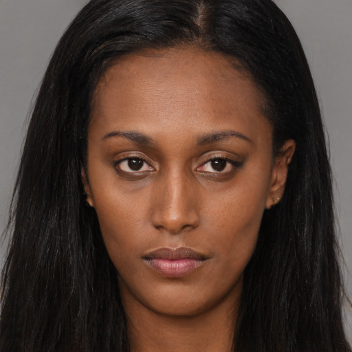 Neutral asian young-adult female with long  brown hair and brown eyes